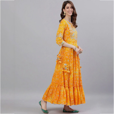 Women Yellow Bandhani Printed Maxi Dress