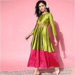 Women Olive Poly-Silk Volume Control Ethnic Dress