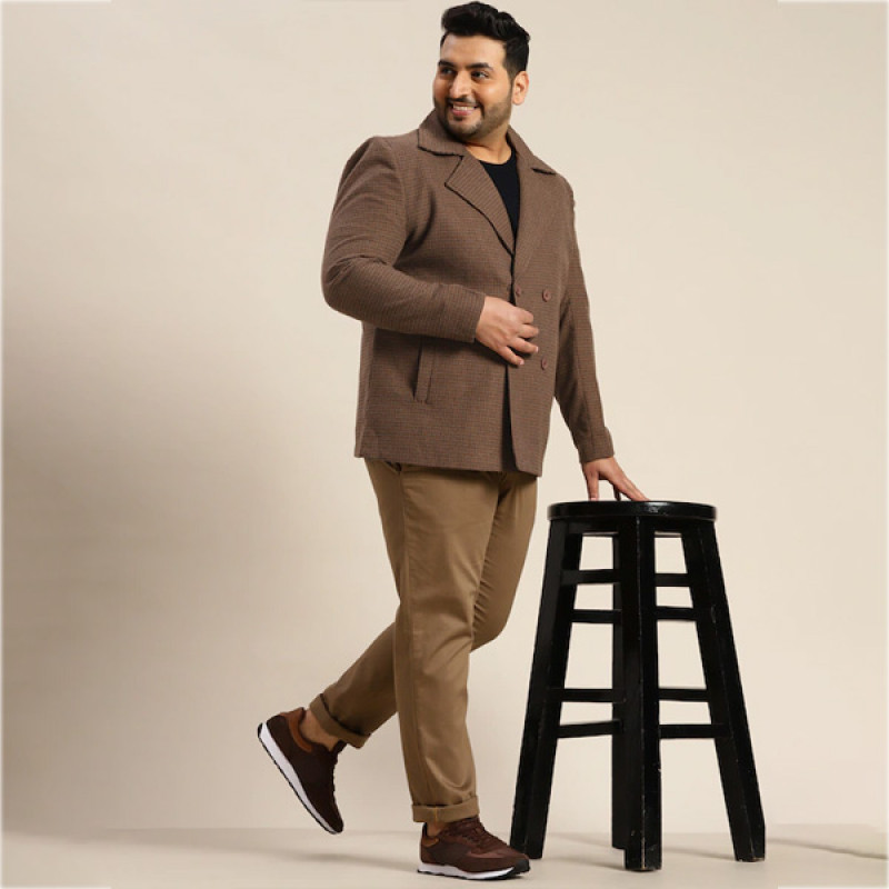 Men Plus Size Brown Checked Double-Breasted Overcoat