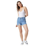 Miss Chase Women's Blue Relaxed Fit Distressed Mid Rise Ripped Fringed Hemline Denim Shorts