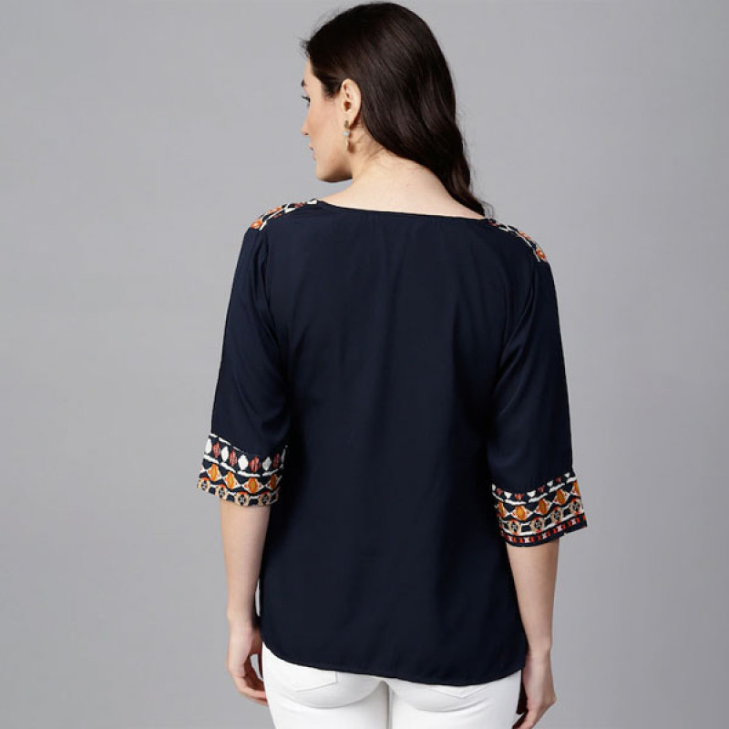 Navy Blue Ethnic Motifs Pleated Keyhole Neck Top