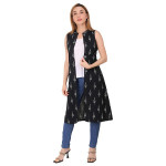 UNFAKENOW Floral Printed Sleeveless Black Kimono Style Cotton Women Long Shrug